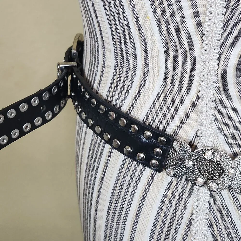 Retro 90s Metal Mesh rhinestone Belt Silver with Leather‎ Xs Style biker Unisex